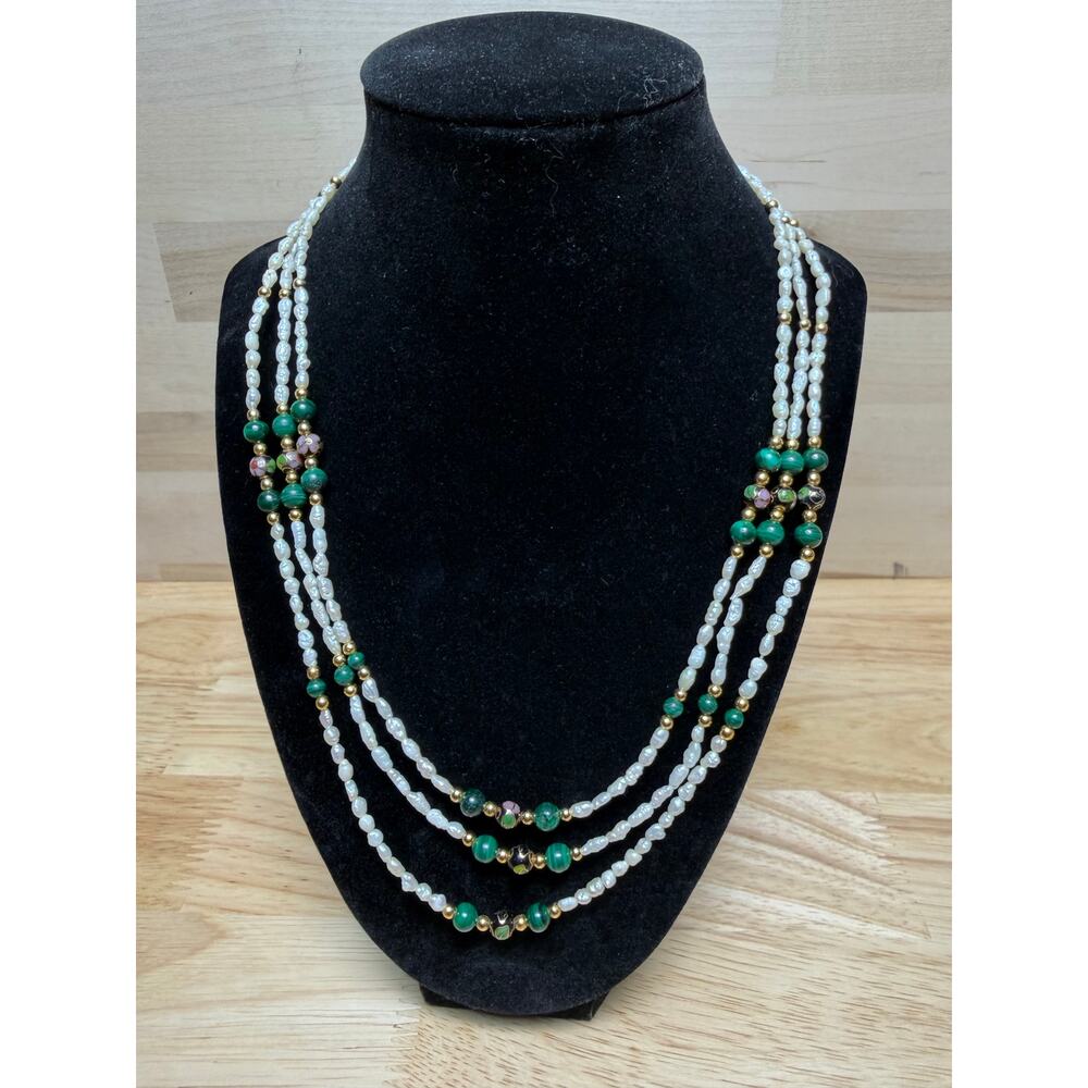 Multi Strand Freshwater Pearl Necklace Malachite Cloisonne Beads Gold Clasp VTG